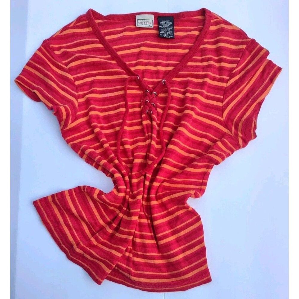 Y2K VTG Red Orange Striped Lace-Up V-Neck Short Sleeve Casual Summer Top Hippy